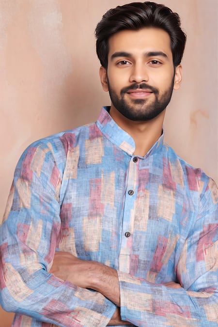 Shop_Arihant Rai Sinha_Blue Linen, Cotton Abstract Print Kurta And Pant Set _Online_at_Aza_Fashions