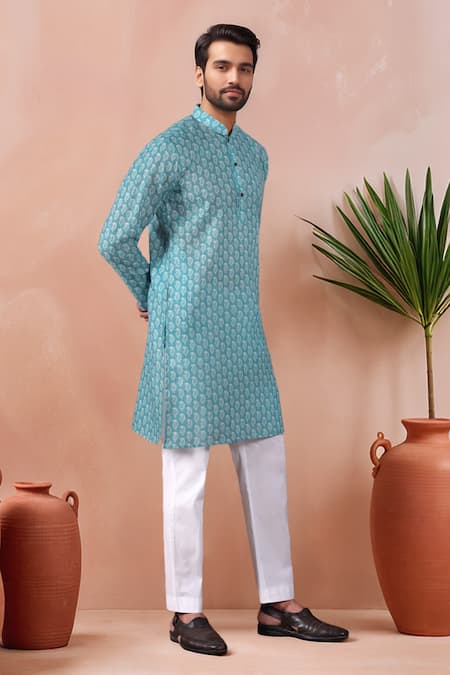 Buy_Arihant Rai Sinha_Aqua Linen, Cotton Butti Print Kurta And Pant Set _Online_at_Aza_Fashions