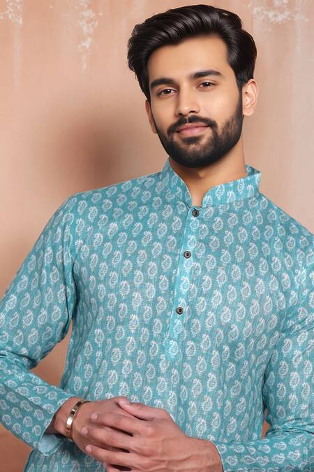 Shop_Arihant Rai Sinha_Aqua Linen, Cotton Butti Print Kurta And Pant Set _Online_at_Aza_Fashions