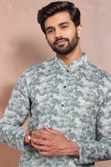 Shop_Arihant Rai Sinha_Green Linen, Cotton Abstract Printed Kurta And Pant Set _Online_at_Aza_Fashions