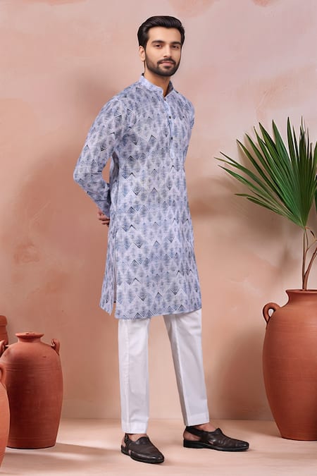 Buy_Arihant Rai Sinha_Blue Linen, Cotton Geometric Pattern Kurta And Pant Set _Online_at_Aza_Fashions