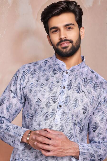 Shop_Arihant Rai Sinha_Blue Linen, Cotton Geometric Pattern Kurta And Pant Set _Online_at_Aza_Fashions