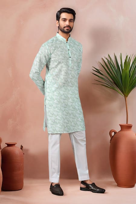 Arihant Rai Sinha_Green Linen, Cotton Abstract Print Kurta With Pant _Online_at_Aza_Fashions