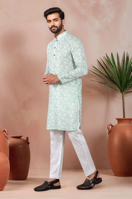 Buy_Arihant Rai Sinha_Green Linen, Cotton Abstract Print Kurta With Pant _Online_at_Aza_Fashions
