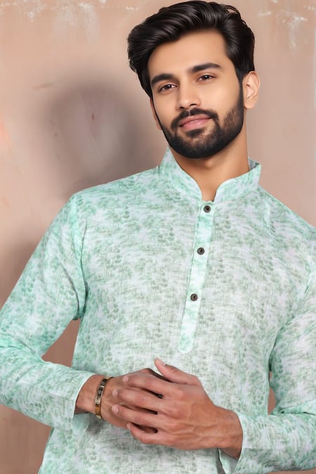 Shop_Arihant Rai Sinha_Green Linen, Cotton Abstract Print Kurta With Pant _Online_at_Aza_Fashions