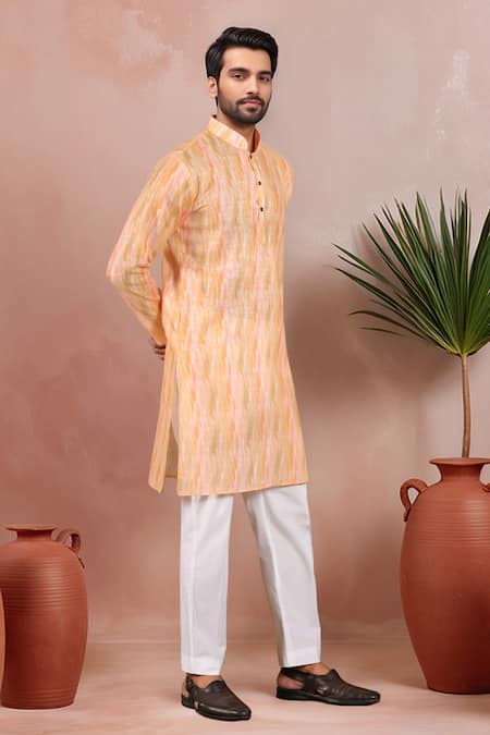 Arihant Rai Sinha_Peach Linen, Cotton Abstract Print Kurta And Pant Set _Online_at_Aza_Fashions