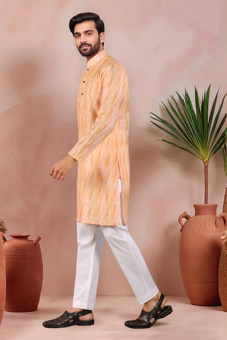 Buy_Arihant Rai Sinha_Peach Linen, Cotton Abstract Print Kurta And Pant Set _Online_at_Aza_Fashions