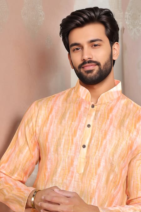 Shop_Arihant Rai Sinha_Peach Linen, Cotton Abstract Print Kurta And Pant Set _Online_at_Aza_Fashions