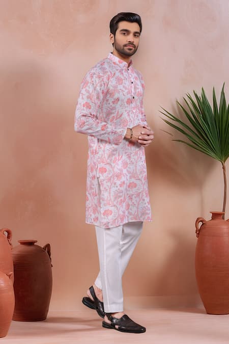 Arihant Rai Sinha_Pink Linen, Cotton Floral Pattern Kurta And Pant Set _Online_at_Aza_Fashions