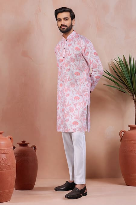 Buy_Arihant Rai Sinha_Pink Linen, Cotton Floral Pattern Kurta And Pant Set _Online_at_Aza_Fashions