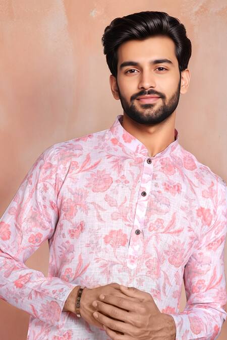 Shop_Arihant Rai Sinha_Pink Linen, Cotton Floral Pattern Kurta And Pant Set _Online_at_Aza_Fashions