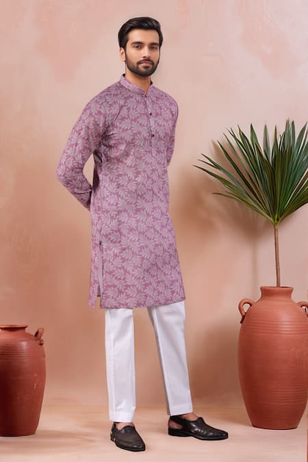 Arihant Rai Sinha_Purple Linen, Cotton Leaf Motif Pattern Kurta And Pant Set _Online_at_Aza_Fashions