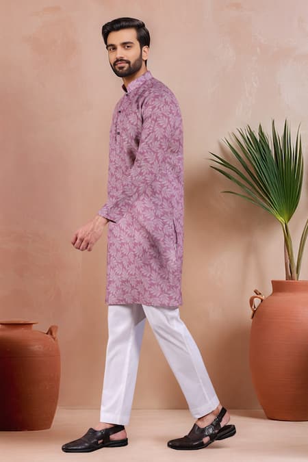 Buy_Arihant Rai Sinha_Purple Linen, Cotton Leaf Motif Pattern Kurta And Pant Set _Online_at_Aza_Fashions