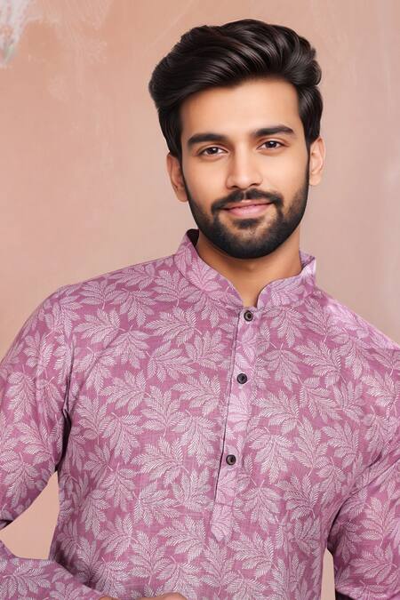 Shop_Arihant Rai Sinha_Purple Linen, Cotton Leaf Motif Pattern Kurta And Pant Set _Online_at_Aza_Fashions