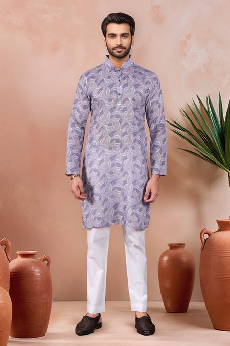 Buy_Arihant Rai Sinha_Purple Linen, Cotton Leaf Pattern Kurta And Pant Set _Online_at_Aza_Fashions