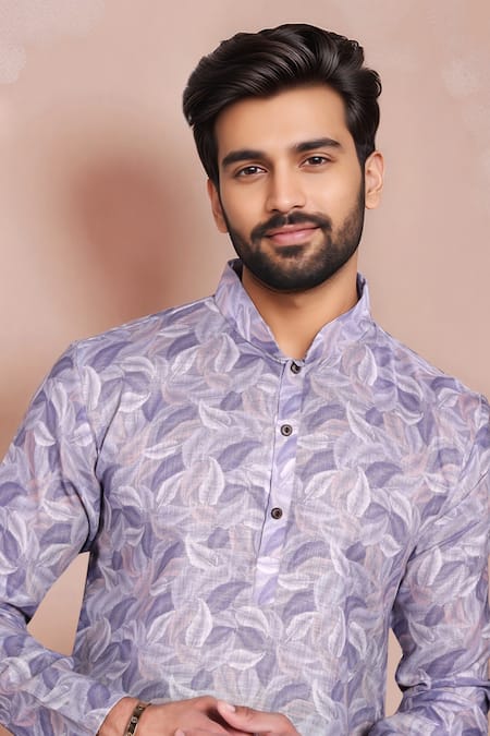 Shop_Arihant Rai Sinha_Purple Linen, Cotton Leaf Pattern Kurta And Pant Set _Online_at_Aza_Fashions