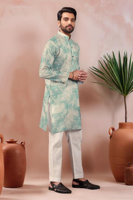 Arihant Rai Sinha_Aqua Linen, Cotton Abstract Print Kurta And Pant Set _Online_at_Aza_Fashions