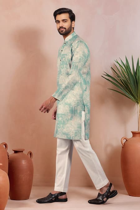 Buy_Arihant Rai Sinha_Aqua Linen, Cotton Abstract Print Kurta And Pant Set _Online_at_Aza_Fashions
