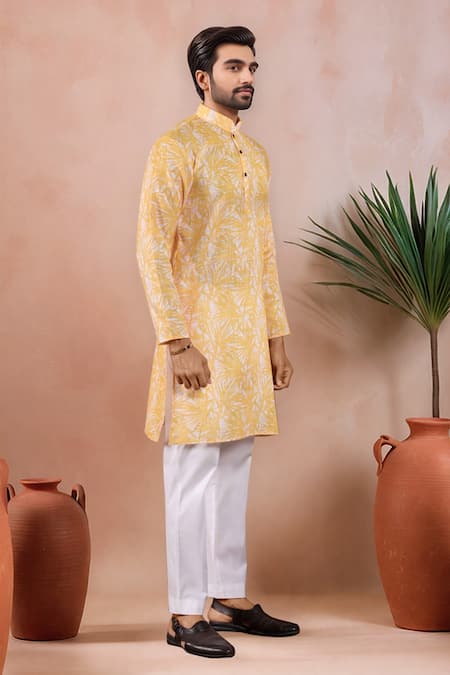Arihant Rai Sinha_Mustard Linen, Cotton Abstract Print Kurta And Pant Set _Online_at_Aza_Fashions