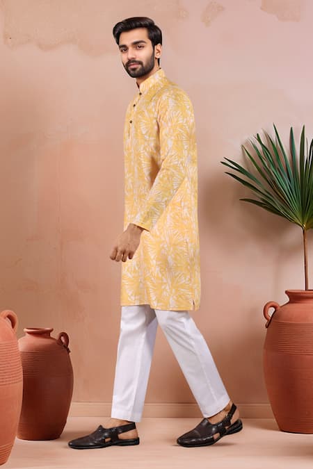 Buy_Arihant Rai Sinha_Mustard Linen, Cotton Abstract Print Kurta And Pant Set _Online_at_Aza_Fashions