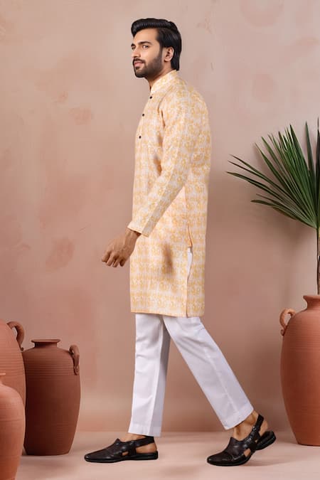 Arihant Rai Sinha_Yellow Linen, Cotton Jaal Print Kurta And Pant Set _Online_at_Aza_Fashions