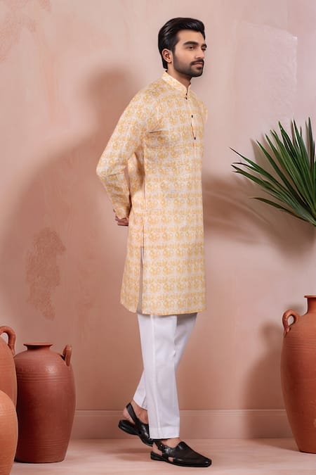 Buy_Arihant Rai Sinha_Yellow Linen, Cotton Jaal Print Kurta And Pant Set _Online_at_Aza_Fashions