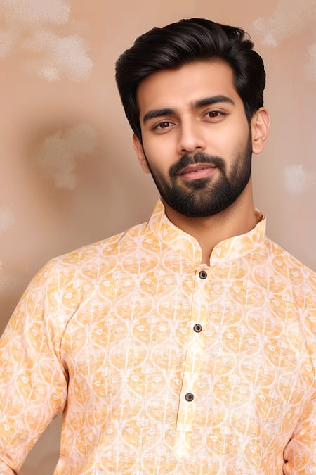 Shop_Arihant Rai Sinha_Yellow Linen, Cotton Jaal Print Kurta And Pant Set _Online_at_Aza_Fashions