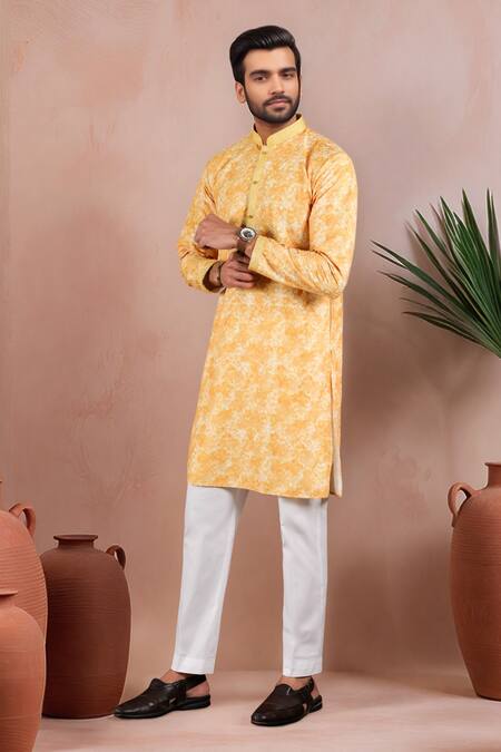 Arihant Rai Sinha_Mustard Cotton Embroidery, Foil Printing Ombre Work Kurta Set _Online_at_Aza_Fashions