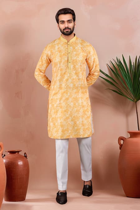 Buy_Arihant Rai Sinha_Mustard Cotton Embroidery, Foil Printing Ombre Work Kurta Set _Online_at_Aza_Fashions
