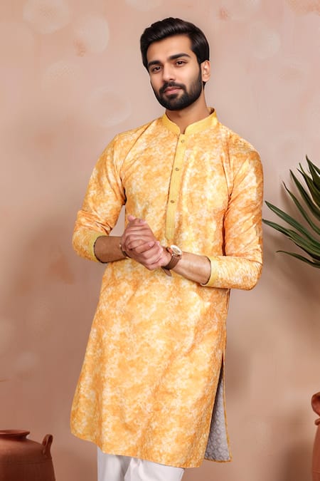 Shop_Arihant Rai Sinha_Mustard Cotton Embroidery, Foil Printing Ombre Work Kurta Set _Online_at_Aza_Fashions