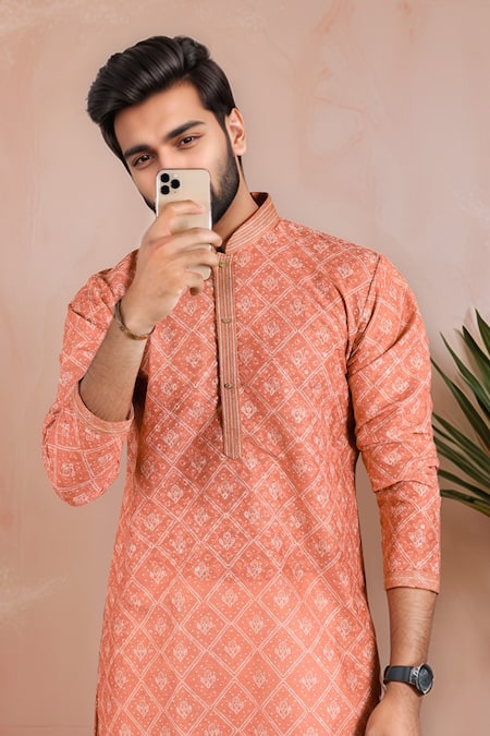 Arihant Rai Sinha Orange Cotton Embroidery Butti Jaal Pattern Kurta Set Online at Aza Fashions Arihant Rai Sinha_Orange Cotton Embroidery Butti Jaal Pattern Kurta Set _Online_at_Aza_Fashions