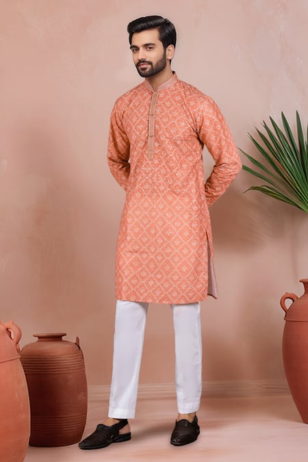 Buy Arihant Rai Sinha Orange Cotton Embroidery Butti Jaal Pattern Kurta Set Online at Aza Fashions Buy_Arihant Rai Sinha_Orange Cotton Embroidery Butti Jaal Pattern Kurta Set _Online_at_Aza_Fashions