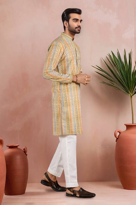 Arihant Rai Sinha Yellow Cotton Embroidery Stripe Pattern Kurta Set Online at Aza Fashions Arihant Rai Sinha_Yellow Cotton Embroidery Stripe Pattern Kurta Set _Online_at_Aza_Fashions