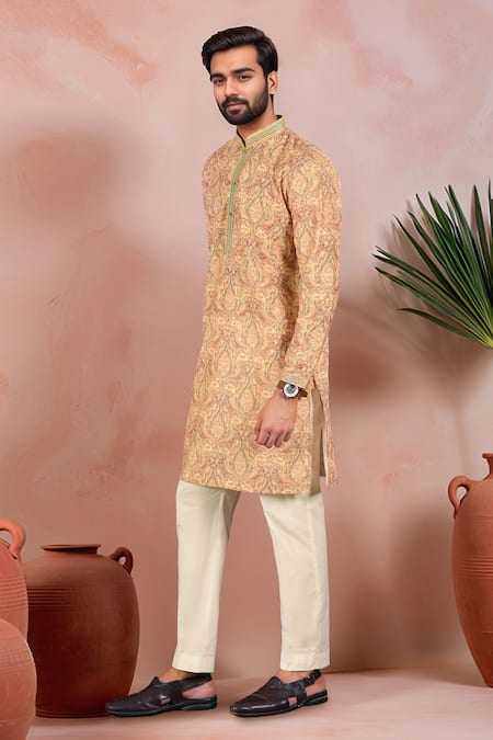 Arihant Rai Sinha Peach Cotton Embroidery, Foil Printing Paisley Work Kurta Set Online at Aza Fashions Arihant Rai Sinha_Peach Cotton Embroidery, Foil Printing Paisley Work Kurta Set _Online_at_Aza_Fashions