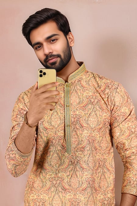Buy Arihant Rai Sinha Peach Cotton Embroidery, Foil Printing Paisley Work Kurta Set Online at Aza Fashions Buy_Arihant Rai Sinha_Peach Cotton Embroidery, Foil Printing Paisley Work Kurta Set _Online_at_Aza_Fashions