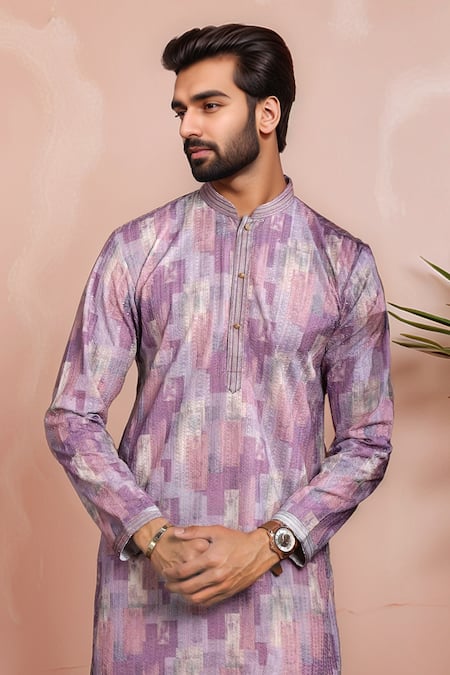 Shop_Arihant Rai Sinha_Wine Cotton Embroidery Abstract Pattern Kurta With Pant _Online_at_Aza_Fashions