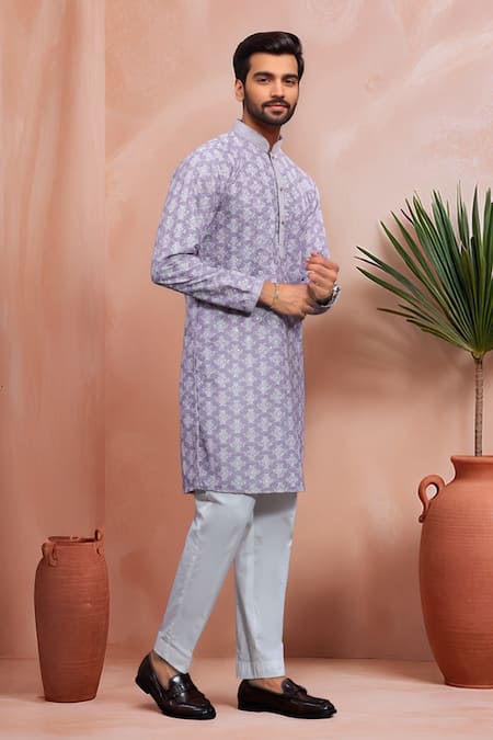 Arihant Rai Sinha_Lavender Cotton Embroidery, Foil Printing Butti Work Kurta And Pant Set _Online_at_Aza_Fashions