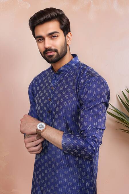 Buy_Arihant Rai Sinha_Navy Cotton Woven Dobby Pattern Kurta And Pant Set _Online_at_Aza_Fashions