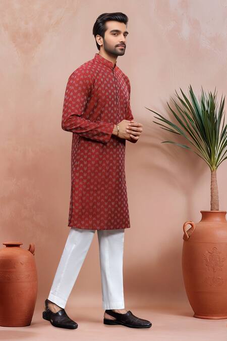 Arihant Rai Sinha_Maroon Cotton Woven Dobby Kurta And Pant Set _Online_at_Aza_Fashions