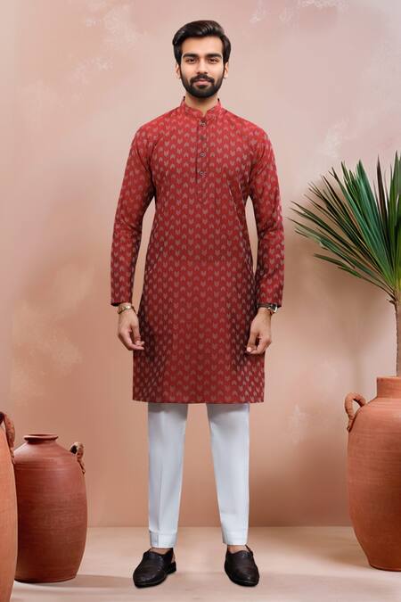 Buy_Arihant Rai Sinha_Maroon Cotton Woven Dobby Kurta And Pant Set _Online_at_Aza_Fashions