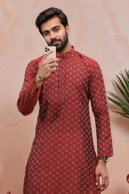 Shop_Arihant Rai Sinha_Maroon Cotton Woven Dobby Kurta And Pant Set _Online_at_Aza_Fashions
