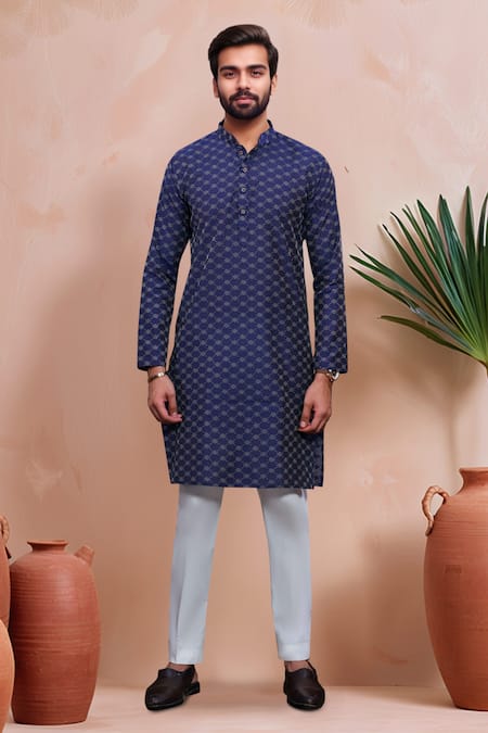 Arihant Rai Sinha Blue Cotton Woven Dobby Kurta And Pant Set Online at Aza Fashions Arihant Rai Sinha_Blue Cotton Woven Dobby Kurta And Pant Set _Online_at_Aza_Fashions