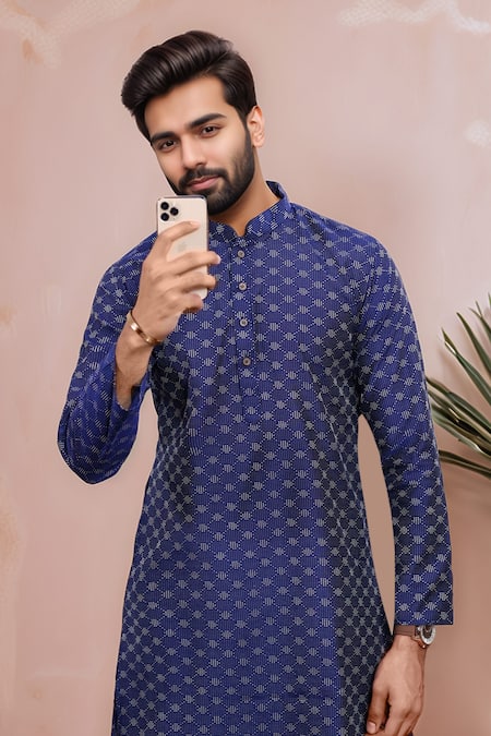 Shop Arihant Rai Sinha Blue Cotton Woven Dobby Kurta And Pant Set Online at Aza Fashions Shop_Arihant Rai Sinha_Blue Cotton Woven Dobby Kurta And Pant Set _Online_at_Aza_Fashions