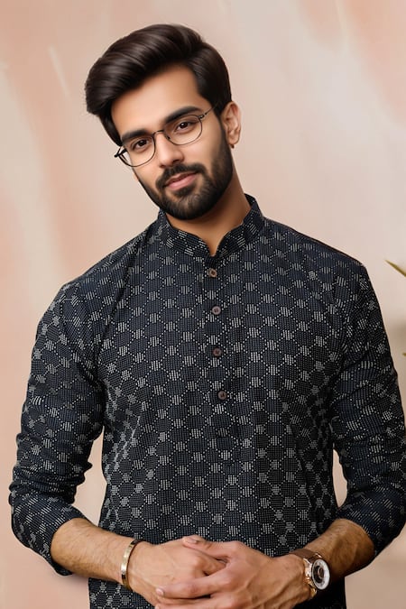 Shop Arihant Rai Sinha Black Cotton Woven Dobby Kurta And Pant Set Online at Aza Fashions Shop_Arihant Rai Sinha_Black Cotton Woven Dobby Kurta And Pant Set _Online_at_Aza_Fashions