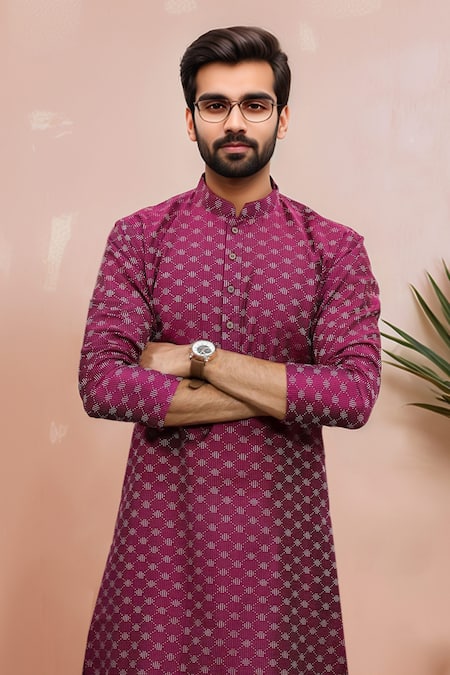 Shop Arihant Rai Sinha Purple Cotton Woven Dobby Kurta And Pant Set Online at Aza Fashions Shop_Arihant Rai Sinha_Purple Cotton Woven Dobby Kurta And Pant Set _Online_at_Aza_Fashions