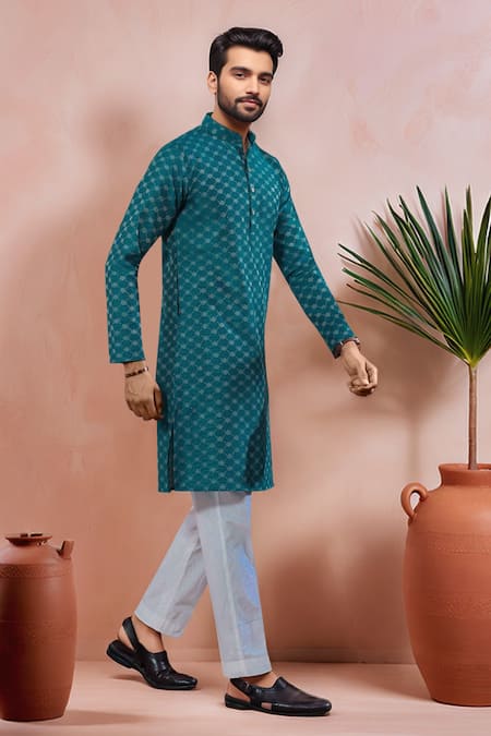 Arihant Rai Sinha Teal Cotton Woven Dobby Kurta And Pant Set Online at Aza Fashions Arihant Rai Sinha_Teal Cotton Woven Dobby Kurta And Pant Set _Online_at_Aza_Fashions