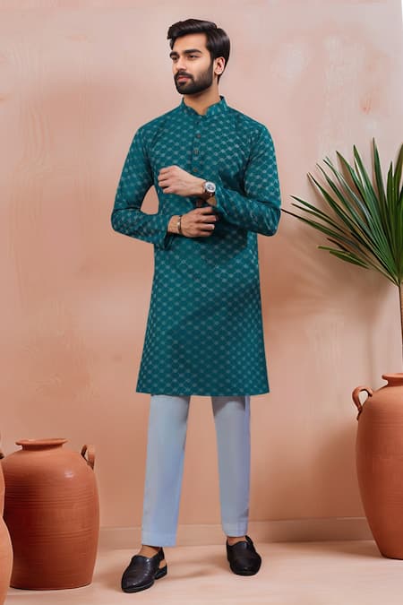 Buy Arihant Rai Sinha Teal Cotton Woven Dobby Kurta And Pant Set Online at Aza Fashions Buy_Arihant Rai Sinha_Teal Cotton Woven Dobby Kurta And Pant Set _Online_at_Aza_Fashions