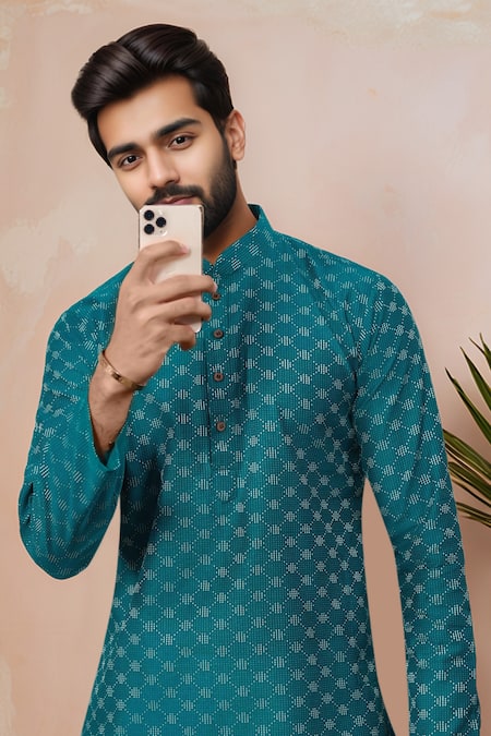 Shop Arihant Rai Sinha Teal Cotton Woven Dobby Kurta And Pant Set Online at Aza Fashions Shop_Arihant Rai Sinha_Teal Cotton Woven Dobby Kurta And Pant Set _Online_at_Aza_Fashions