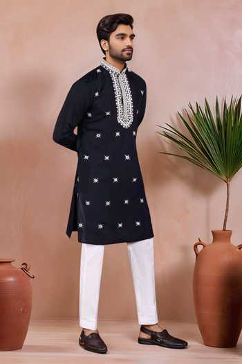 Arihant Rai Sinha Black Viscose, Silk Embroidery Star Motif Kurta And Pant Set Online at Aza Fashions Arihant Rai Sinha_Black Viscose, Silk Embroidery Star Motif Kurta And Pant Set_Online_at_Aza_Fashions