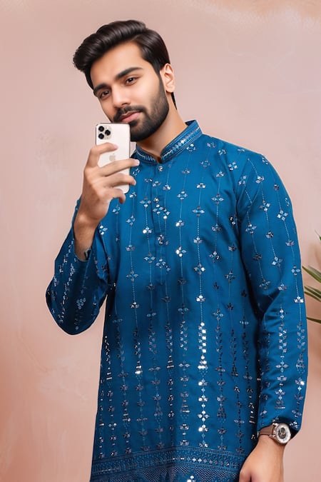Shop Arihant Rai Sinha Off White Viscose, Silk Embroidery, Mirrors Kurta And Pant Set Online at Aza Fashions Shop_Arihant Rai Sinha_Off White Viscose, Silk Embroidery, Mirrors Kurta And Pant Set _Online_at_Aza_Fashions
